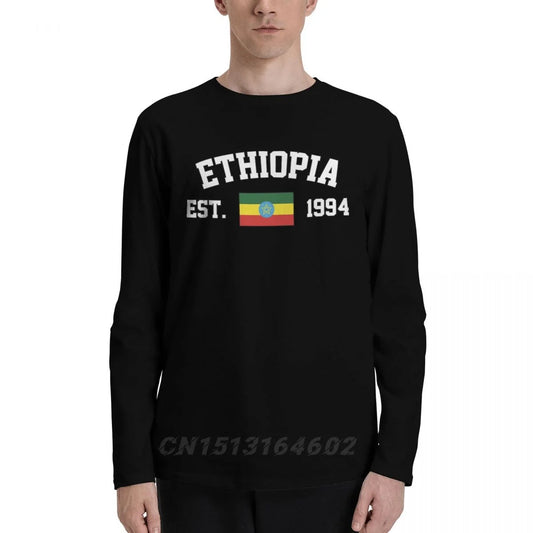 100% Cotton Ethiopia Flag With EST. Year Long Sleeve Autumn T shirts Men Women Unisex Clothing LS T-Shirt Tops Tees