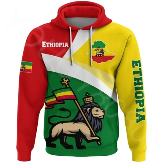 Country Flag African Region Men's Casual Hoodie Printed Crew Neck Sweatshirt Ethiopia Flag Map Green Lion Sweater